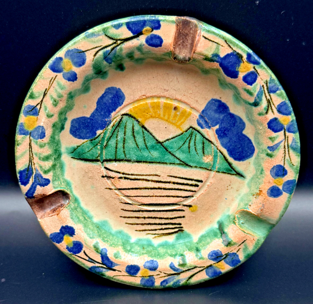 Vintage Guatemala Hotel Hand Painted Folk Art Pottery Ashtray Handmade 1950s MCM